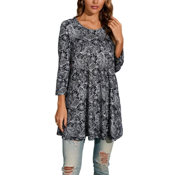 ENMAIN Women's 3/4 Sleeve Tunic Tops Casual Loose Fit Tops Grey Floral Blouses Plus Size Shirt 2XL