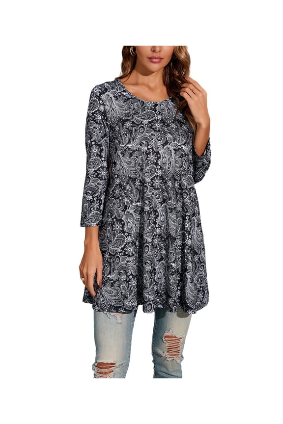 Women's 3/4 Sleeve Tunic Tops Casual Loose Fit Tops Grey Floral Blouses Plus Size Shirt 2XL