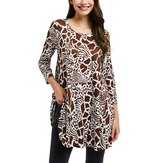 ENMAIN Women's 3/4 Sleeve Tunic Tops Loose Fit Plus Size Blouses Casual Swing Shirts Brown Tee XL