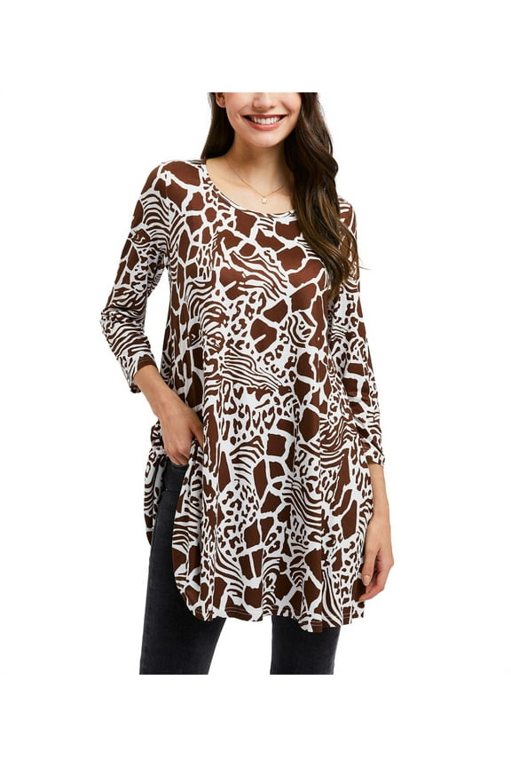Women's 3/4 Sleeve Tunic Tops Loose Fit Plus Size Blouses Casual Swing Shirts Brown Tee XL