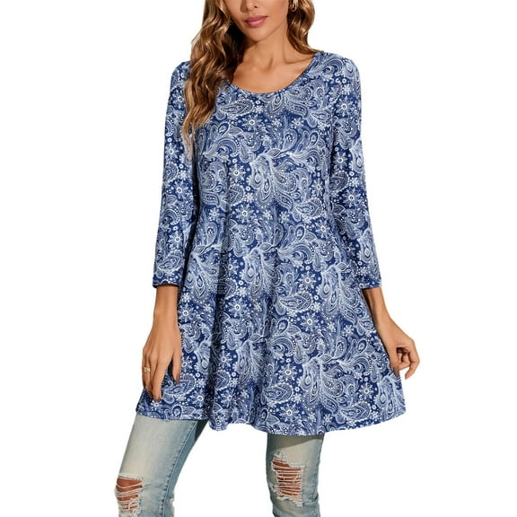 ENMAIN Womens Plus Size 3/4 Sleeve Blouses Casual Crew Neck Dress Shirts Blue Floral Tunics Tops 2XL