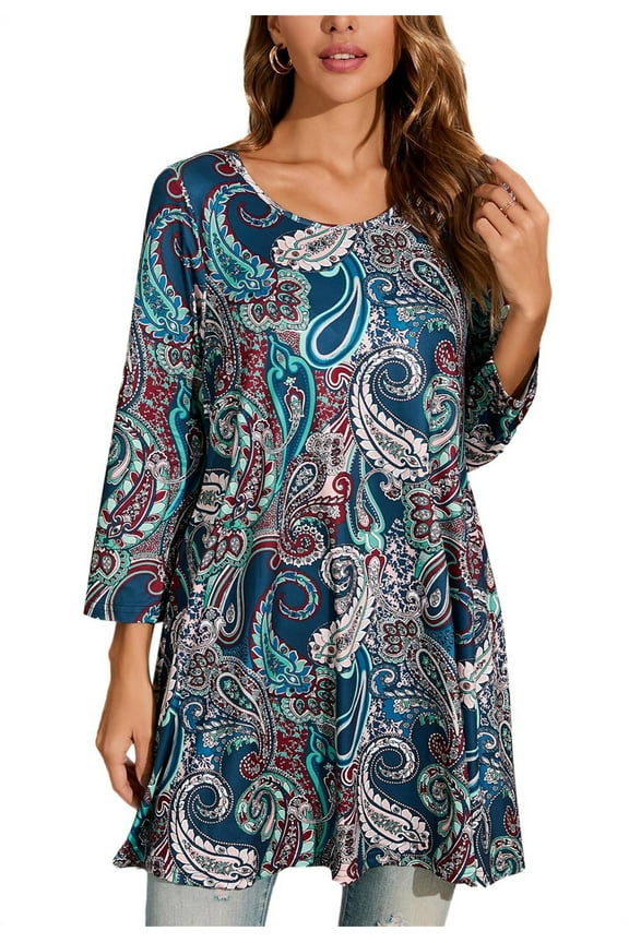 Women's Plus Size Tops 3/4 Sleeve Paisley Tunics Shirts Casual Swing Flare Blouses Tops 2XL