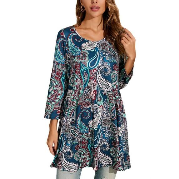 ENMAIN Women's Plus Size Tops 3/4 Sleeve Paisley Tunics Shirts Casual Swing Flare Blouses Tops 3XL