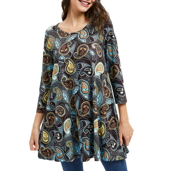 ENMAIN Women's Plus Size Tunic Tops 3/4 Sleeve Dressy Blouses Casual Paisley Floral Swing Shirts