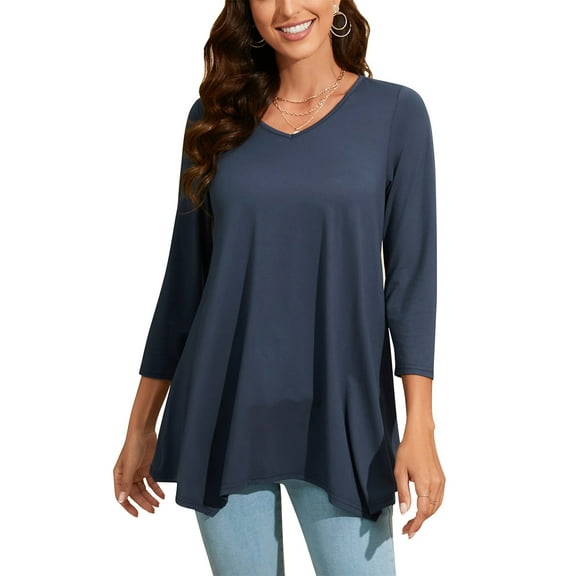 ENMAIN Womens Tunic Tops V Neck 3/4 Sleeve Blouse Casual Navy Blue Shirt Irregular Hem Flowy Tunic 2XL