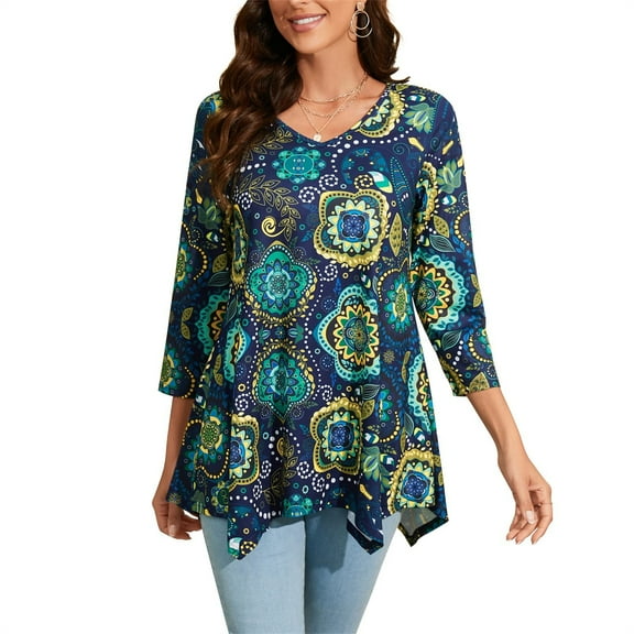 ENMAIN Womens Swing Tunic Tops 3/4 Sleeve Loose T-Shirt Navy Floral Dress Plus Size Flare Shirts M