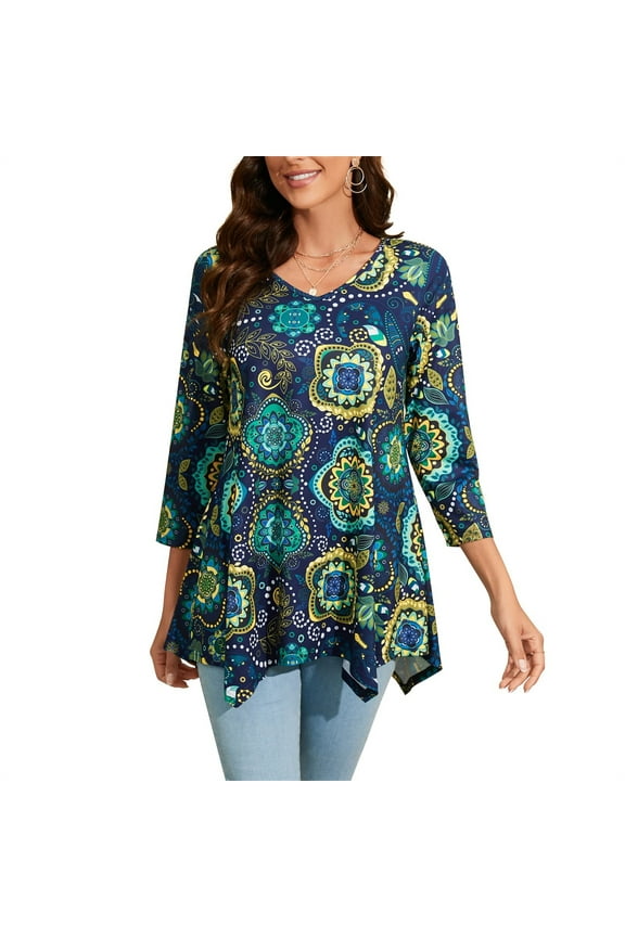 Womens Swing Tunic Tops 3/4 Sleeve Loose T-Shirt Navy Floral Dress Plus Size Flare Shirts M