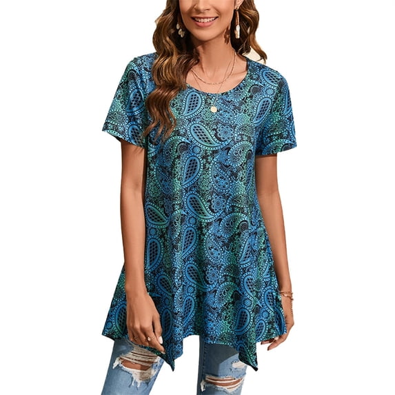 ENMAIN Women's Summer Tunic Tops Casual Swing Short Sleeve Shirts Plus Size Blouse Green Paisley 3XL
