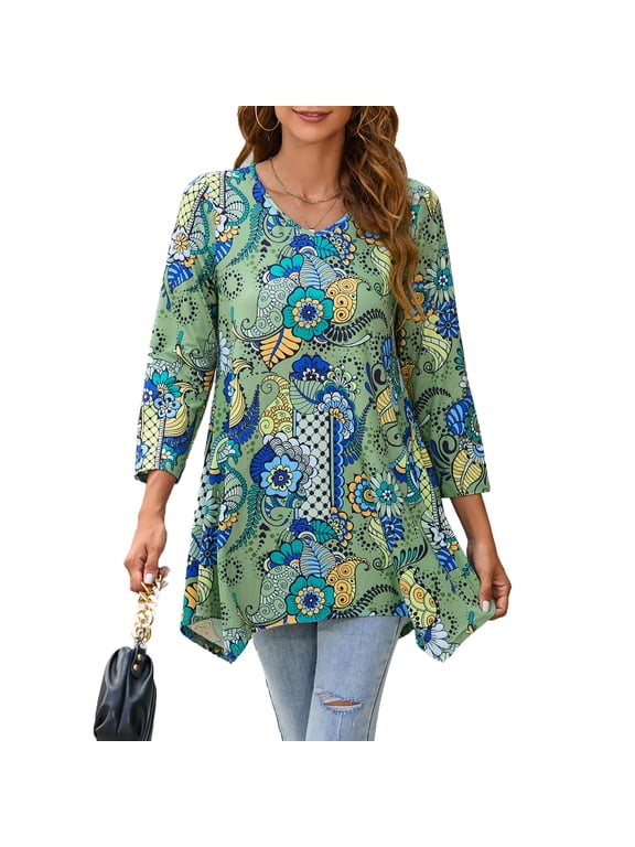 Womens Plus Size Tops 3/4 Sleeve Shirts V Neck Casual Green Floral Tunic Swing Flare Blouses