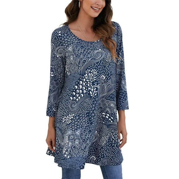 ENMAIN Womens Tunic Tops Plus Size 3/4 Sleeve Crew Neck Shirts Casual Loose Fit Blouses Navy Blue 2XL