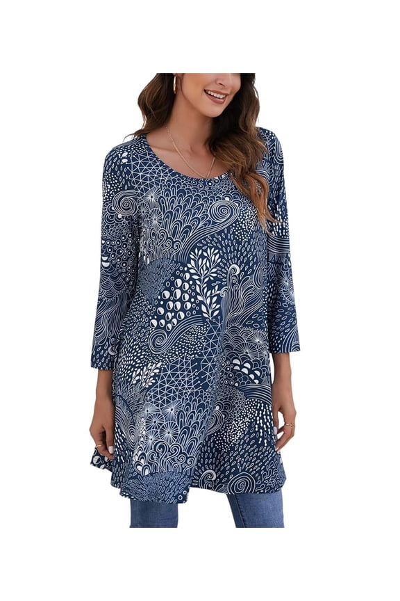 Womens Tunic Tops Plus Size 3/4 Sleeve Crew Neck Shirts Casual Loose Fit Blouses Navy Blue 2XL