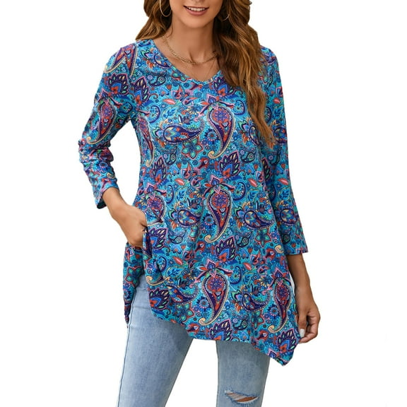ENMAIN Tunic Tops for Women Paisley 3/4 Sleeve V Neck Shirts Casual Swing Flare Blue Ladies Blouse