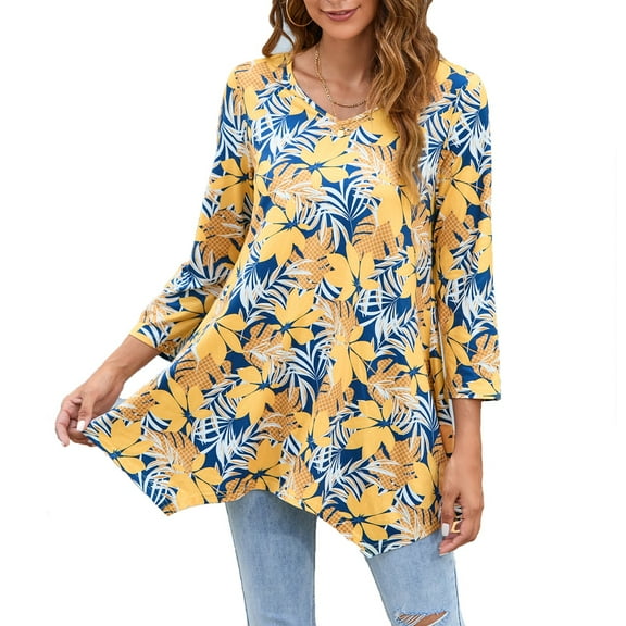 ENMAIN Womens V Neck Tunic Tops 3/4 Sleeve Plus Size Casual Shirts Swing Flare Blouses Yellow Leaf