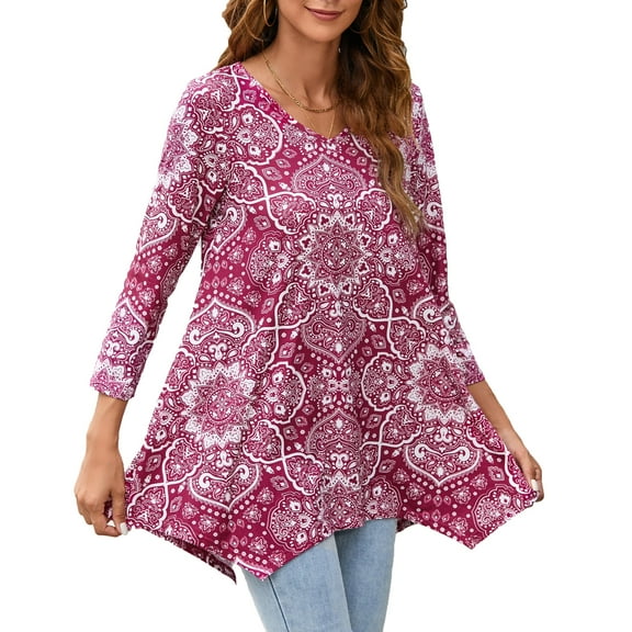 ENMAIN Womens Plus Size Fall Tops 3/4 Sleeve Casual V Neck Dressy Blouses Swing Red Floral Shirts