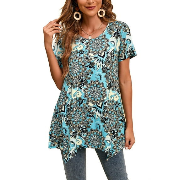 ENMAIN Womens Plus Size Tunic Tops Short Sleeve Casual Shirts Loose Fit Dressy Summer Tunic Aqua XL