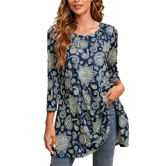 ENMAIN Womens Tops Dressy Casual 3/4 Length Sleeve Shirts Navy Floral Tunic Plus Size Blouses 3XL