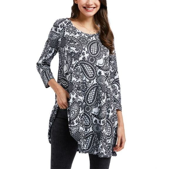 ENMAIN Womens Tops Dressy Casual 3/4 Sleeve Blouses Black Paisley Shirts Flare Top for Leggings 2XL