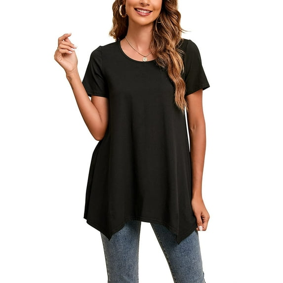 ENMAIN Womens Tunic Plus Size Casual Tops Crew Neck Short Sleeve Shirt Black Blouses Tunic Tops L