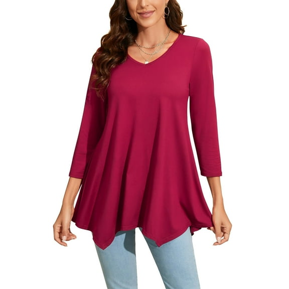 ENMAIN Womens Tunic Tops V Neck 3/4 Sleeve Blouses Casual Red Shirts Flowy Tunics Irregular Hem 2XL