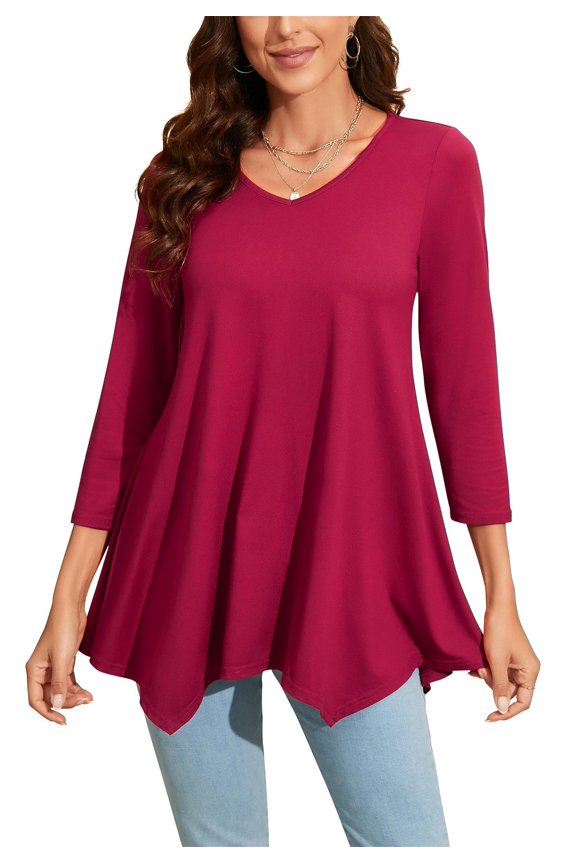 Womens Tunic Tops V Neck 3/4 Sleeve Blouses Casual Red Shirts Flowy Tunics Irregular Hem 3XL