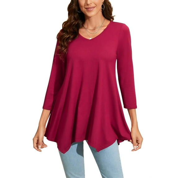 ENMAIN Womens Tunic Tops V Neck 3/4 Sleeve Blouses Casual Red Shirts Flowy Tunics Irregular Hem L