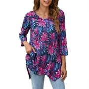 ENMAIN Womens V Neck Tunic Tops 3/4 Sleeve Plus Size Casual Shirts Swing Flare Blouses Navy Blue