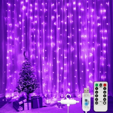 ENMJIAW Curtain Lights,300 LED Dimmable Fairy Lights,9.8FT X 9.8FT,8 Modes,USB Powered String Lights for Room Wall Party Xmas Indoor Decor,Purple