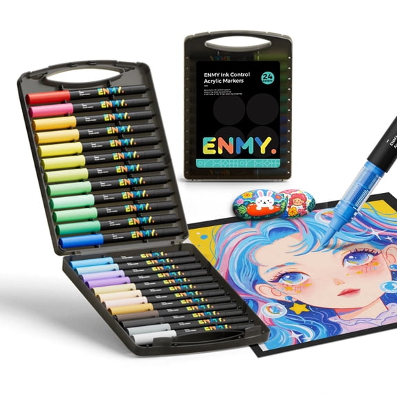 ENMY 24 Colors Brush Tip Direct Liquid Acrylic Markers, Water-Based, Multi-Surface Art Marker