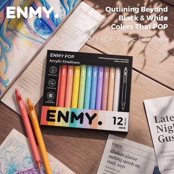ENMY Retractable Acrylic Ink Fine Drawing Pens, 12 Assorted Colors 0.7mm Bullet Tip Waterproof Outline Markers