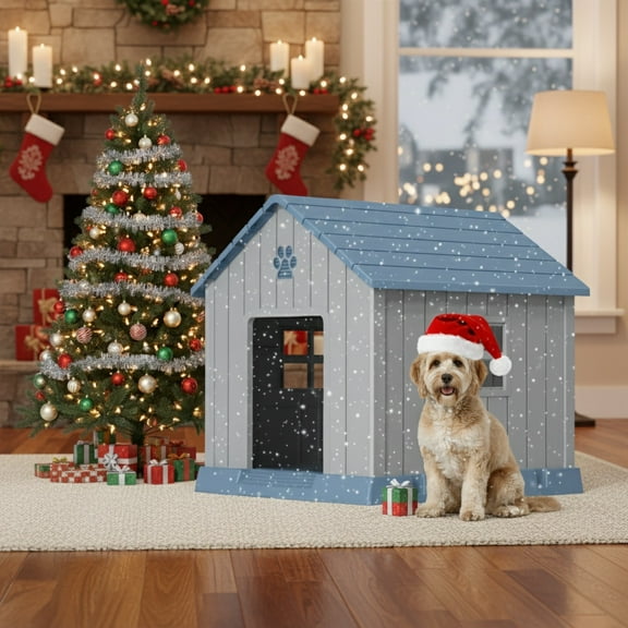 ENNSOO 31-Inch Plastic Outdoor Indoor Dog House with Waterproof, Elevated Floor & Air Vents, Blue