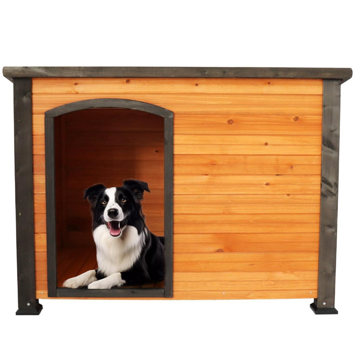 ENNSOO 45" Dog House, Outdoor and Indoor Wooden Kennel, Elevated Feet, Waterproof Foot Base, Large Dog Weatherproof Shelter, for Winter Use, Gold Red and Black