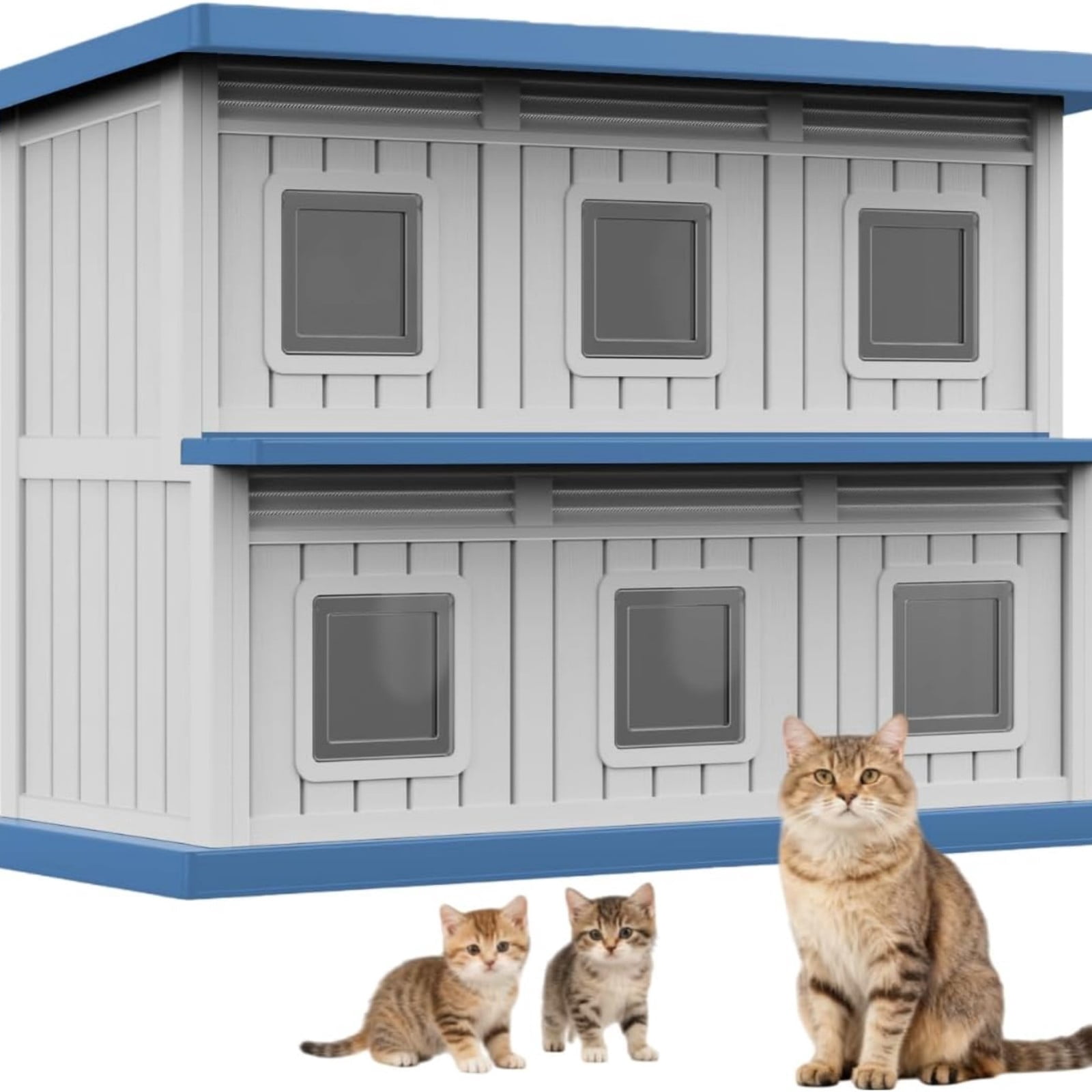 ENNSOO Cat House Weatherproof Double Decker Insulated Thick Panel Structure Easy Clean Design For Outdoor Garden Patio Feral Cat Shelter