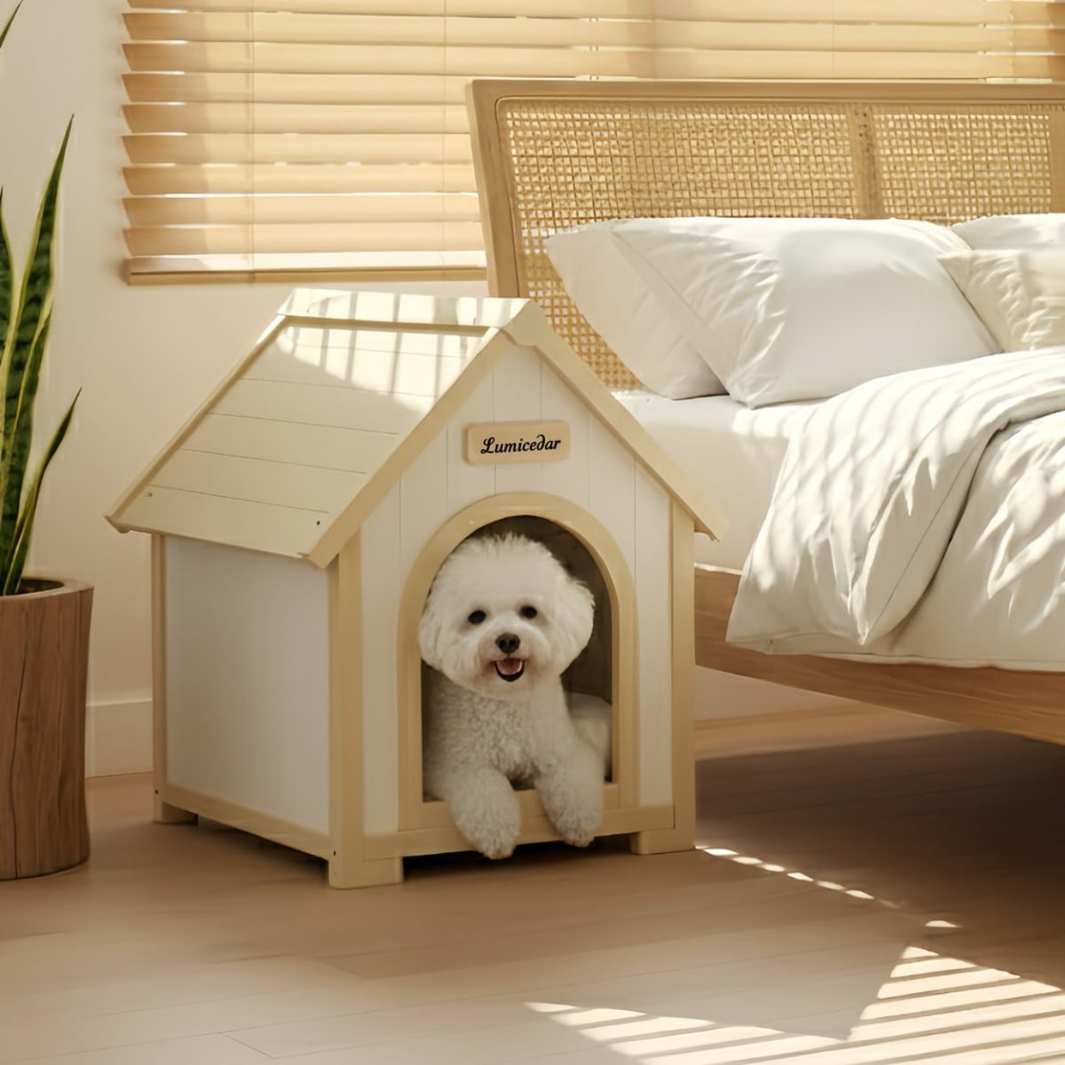 ENNSOO Modern Indoor Wooden Dog House with EVA Cushion, Solid Cedar Pet House for Small Dogs and Cats
