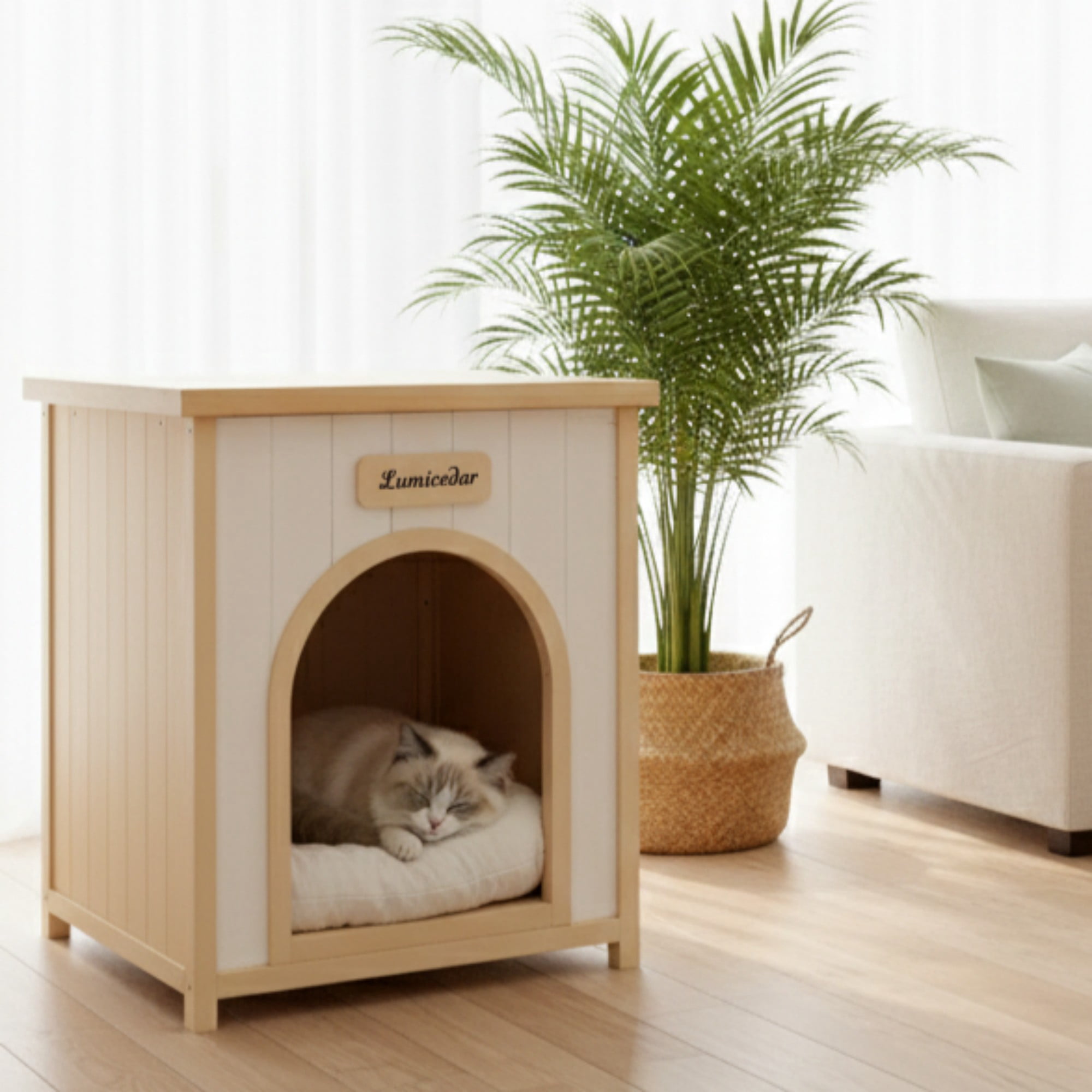 ENNSOO Modern Indoor Wooden Dog House with Removable Cushion, Solid Cedar Pet House for Small Dogs and Cats, Furniture-Grade Scandinavian Design