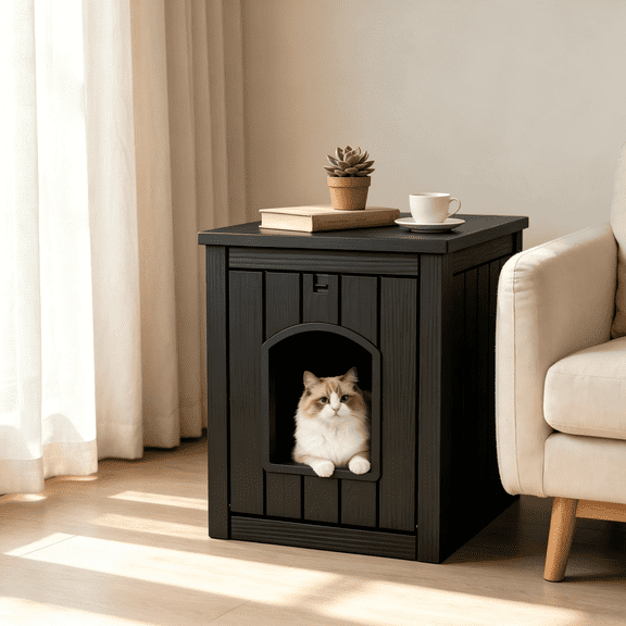 ENNSOO Outdoor Cat House Weatherproof Resin Cat Shelter for Indoor & Outdoor, Durable All-Season Pet House for Feral, Stray & Domestic Cats, Black