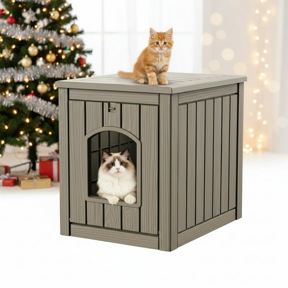 ENNSOO Outdoor Cat House Weatherproof Resin Cat Shelter for Indoor & Outdoor, Durable All-Season Pet House for Feral, Stray & Domestic Cats, Gray