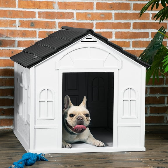 ENNSOO Plastic Dog House with Door, Water-Resistant Design, Easy to Assemble, for Medium and Small Dogs, Gray