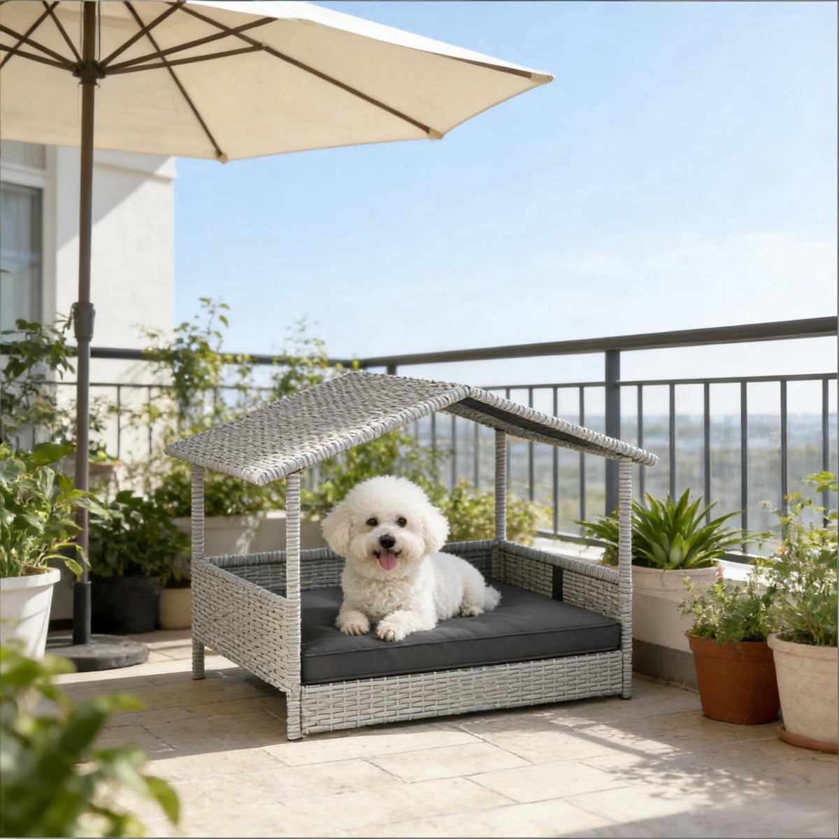 ENNSOO Rattan Dog House with Canopy, Durable PE Rattan Construction, Elevated Base, Removable Cushion, Indoor and Outdoor Use