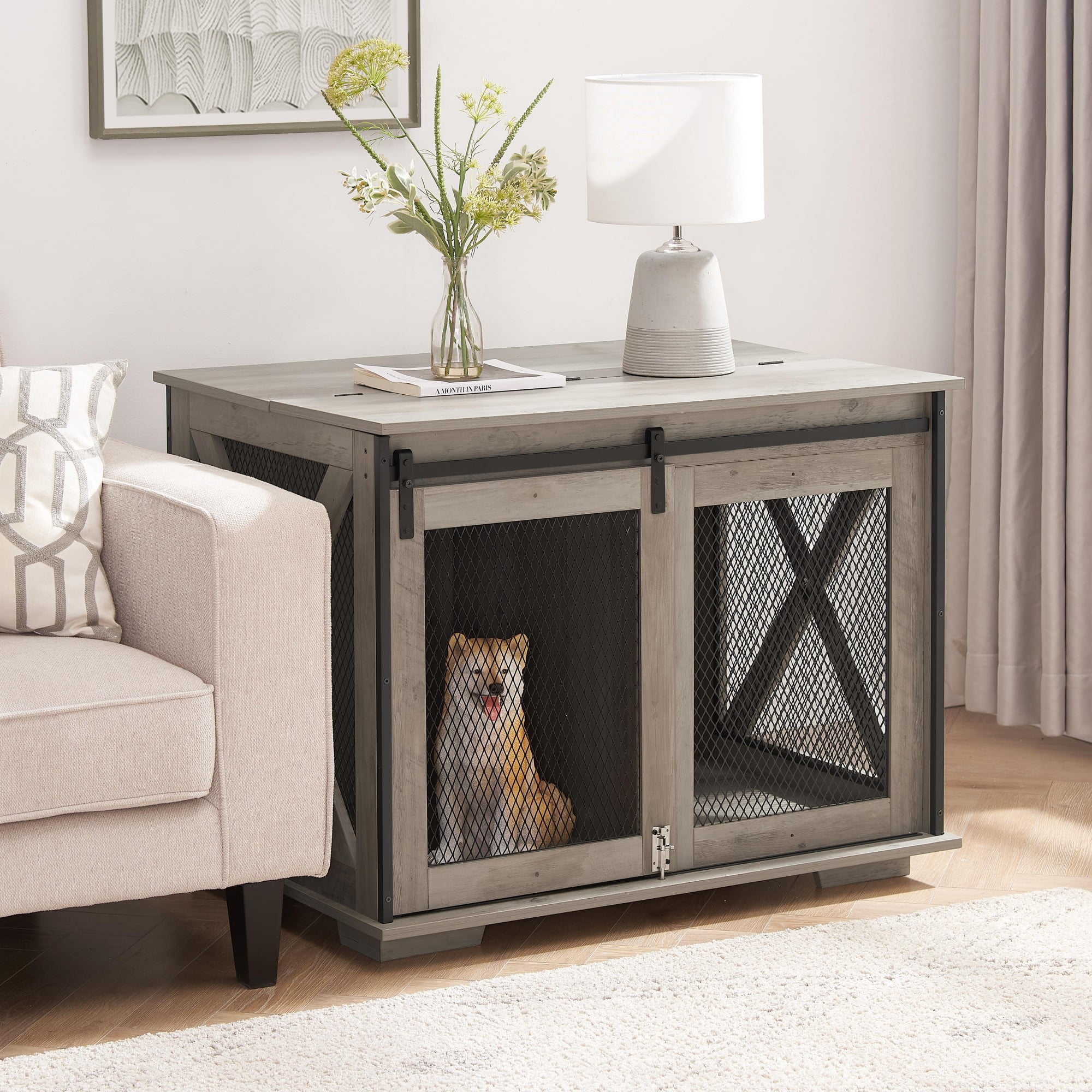 ENNSOO Wooden Dog House with Sliding Barn Door, Farmhouse Style Pet House with Detachable Divider, Solid Wood Construction for Indoor Use