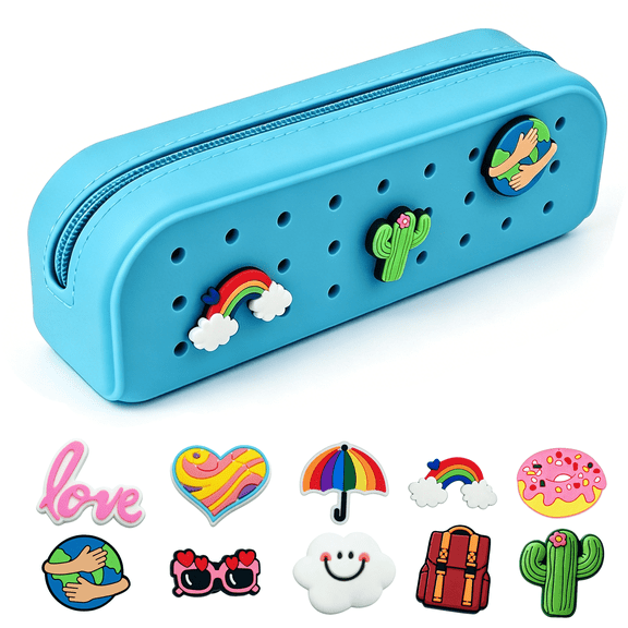 ENNUFO Silicone Pencil Case for Girls with Diy Holes and 10 Decorative Charms, Blue