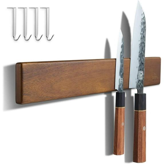 ENOKING 16" Magnetic Knife Holder Wall Mount, Knife Magnetic Strip for Knives, No Drilling Acacia Wood with 4 Hooks