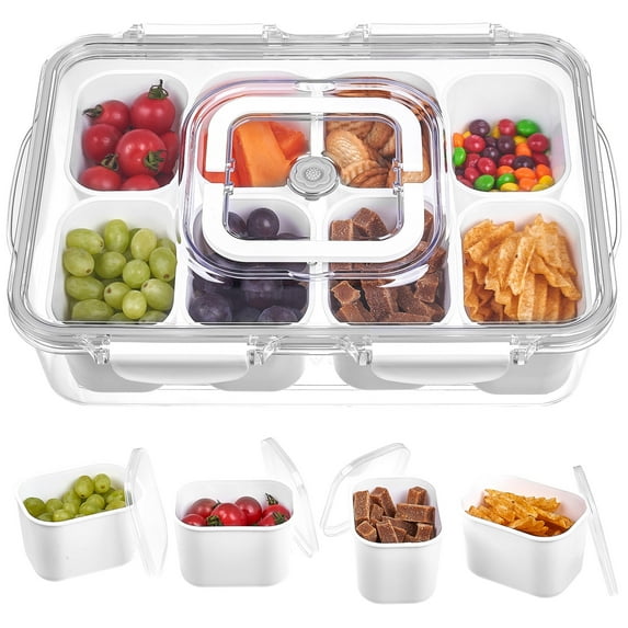 ENOKING Divided Serving Tray with Lid and Handle, Snacks Box Food Storage Container, Microwave Safe