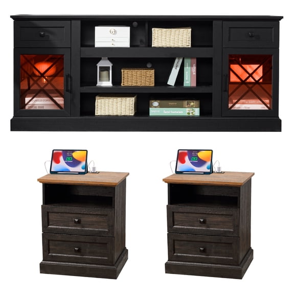 ENOUSHU 70" Modern Farmhouse TV Stand with LED Lights Black and Set of 2 Night Stands with Charging Station for Bedroom Office Gray