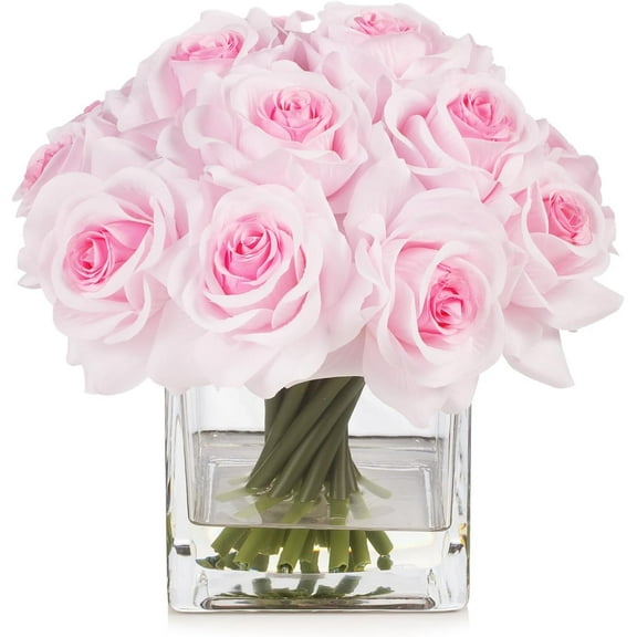 ENOVA FLORAL 16 Heads Silk Rose Artificial Flowers in Cube Glass Vase,Faux Rose Flowers Arrangement in Vase with Faux Water for Table Decor Centerpieces (Light Pink)