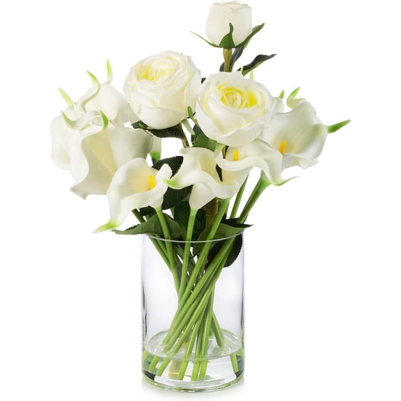 ENOVA FLORAL 18 Heads Calla Lily Flowers Real Touch in Glass Vase Mixed Rose Artificial Flowers, Artificial Flowers in Vase with Faux Water for Dining Table Centerpieces, Wedding Event (White)