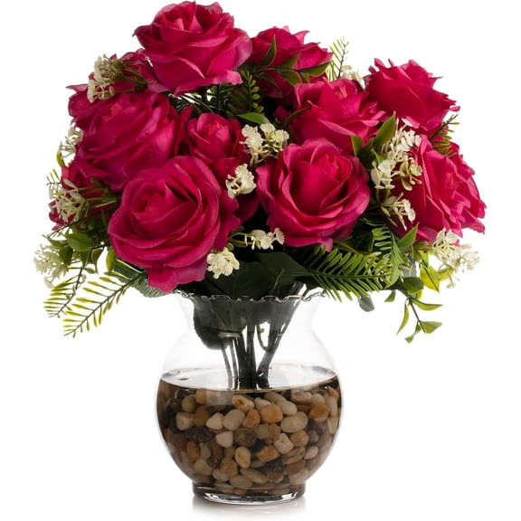 ENOVA FLORAL 18 Heads Silk Rose Artificial Flowers in Vase,Faux Rose Flowers Arrangement in Round Bowl Vase with Faux Water and River Rock for Table Decor Centerpieces (Fushia)