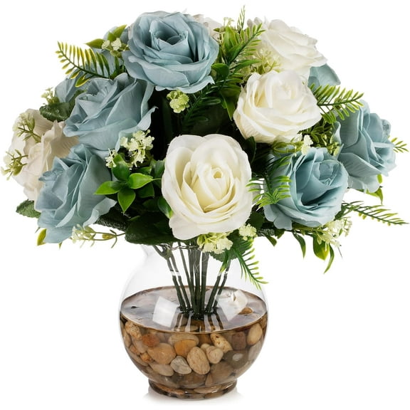 ENOVA FLORAL 18 Heads Silk Rose Artificial Flowers in Vase,Faux Rose Flowers Arrangement in Round Bowl Vase with Faux Water and River Rock for Table Decor Centerpieces (Blue Cream)