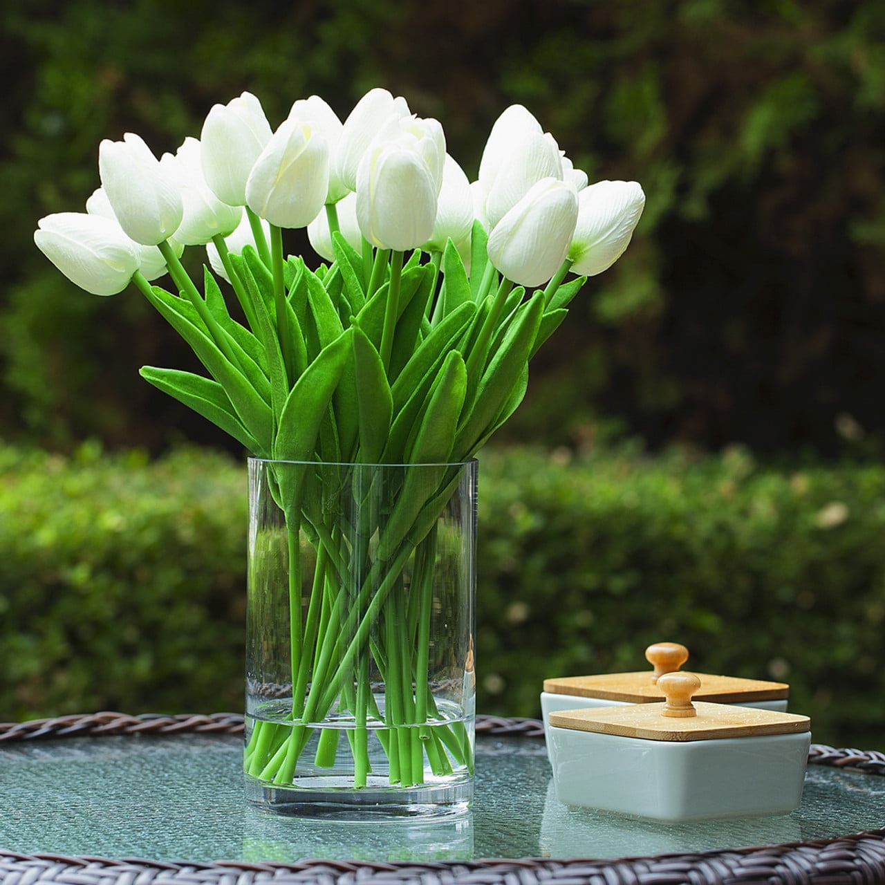 ENOVA FLORAL 20 Heads White Tulips Real Touch Artificial Flowers in Vase, Fake Tulips Flowers with Vase and Faux Water for Dining Table Decoration