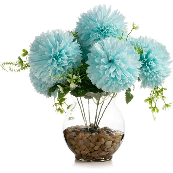 ENOVA FLORAL 7 Heads Silk Marigold Artificial Flowers in Vase,Faux Marigold Flowers Arrangement in Round Bowl Vase with Faux Water and River Rock for Table Decor Centerpieces (Marigold-)