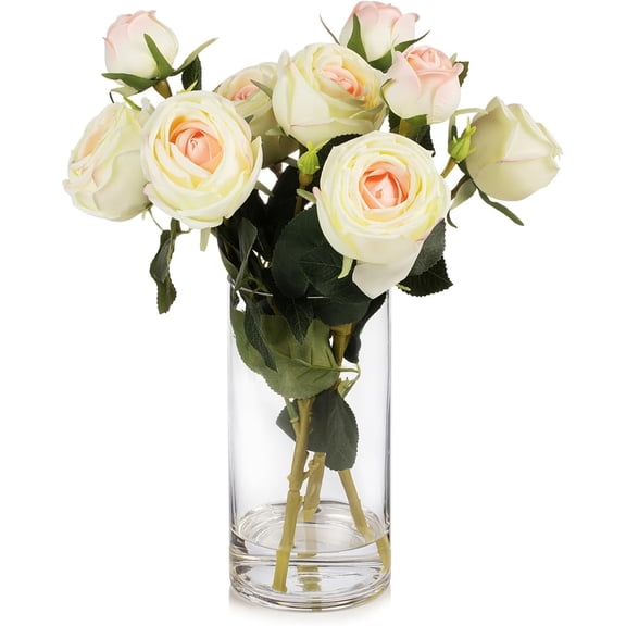ENOVA FLORAL 9 Heads Silk Rose Artificial Flowers in Vase,Faux Rose Flowers Arrangement in Vase with Faux Water for Table Decor Centerpieces (Champagne)